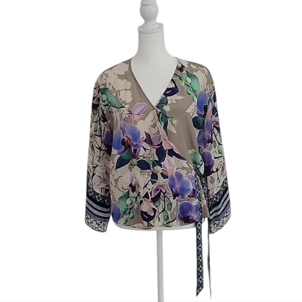 Hale Bob Orchid Print Silk Wrap Blouse Size XS - Picture 3 of 15
